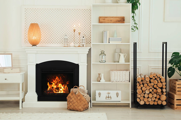 Stylish living room with beautiful fireplace and different decor. Interior design - Φωτογραφία, εικόνα