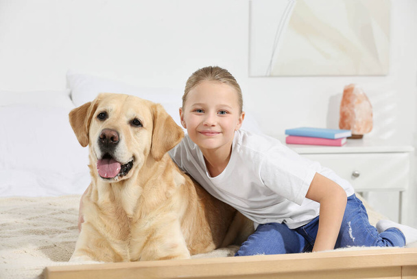 Cute child with her Labrador Retriever on bed at home. Adorable pet - Foto, imagen