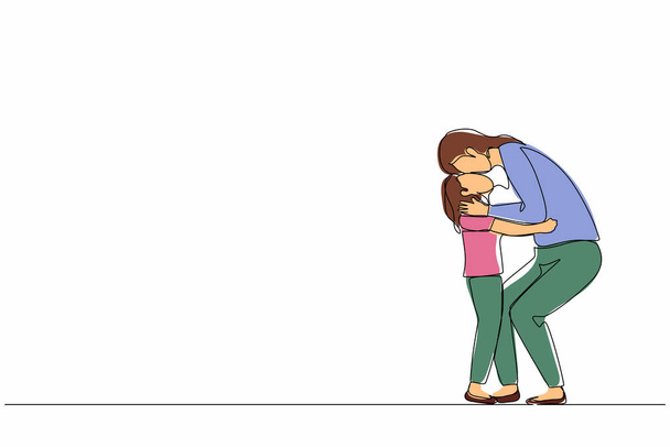 Безперервна одна лінія малює дбайливу молоду матір, яка обіймає поцілунки милою маленькою донькою, яка відчуває любов і ніжність. День матері, концепція свята. Дизайн однорядкового малюнка Векторна графічна ілюстрація
 - Вектор, зображення