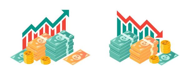 Aumento del valor del dinar argelino e ilustraciones decrecientes - Vector, imagen