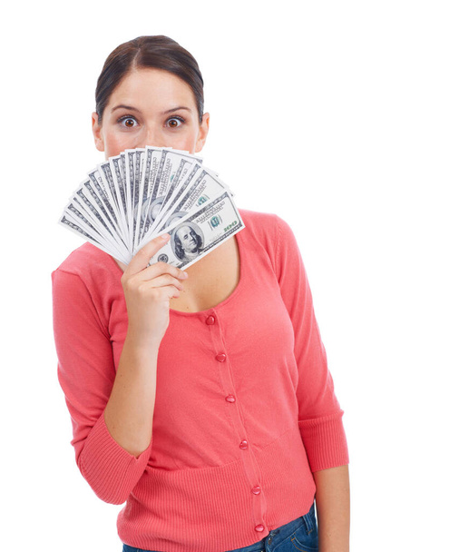 Cash, happy and success with portrait of woman and mockup for investment, winner and growth. Money, dollar and wow with girl customer isolated on white background for financial, deal and promotion. - Foto, Imagem