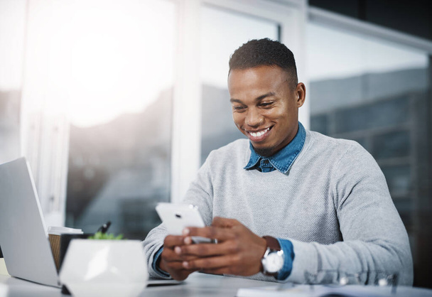 Business, smile and man with a smartphone, mobile app or connection at the workplace. Male professional, consultant or employee with a cellphone, communication or entrepreneur with social media. - Photo, image