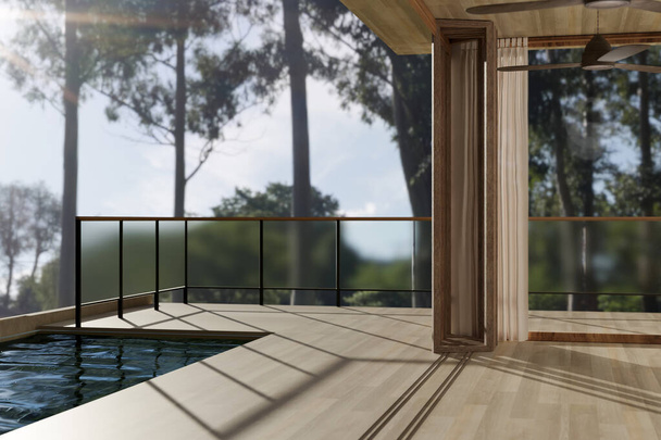 Дизайн інтер'єру сучасної вітальні з видом на басейн на балконі з красивим видом на природу. 3d рендеринг, 3d ілюстрація
 - Фото, зображення