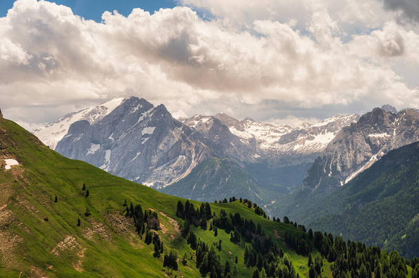 Alpine landscape walking from Passo San Pellegrino to Fuciade refuge, North Italy - Fotografie, Obrázek