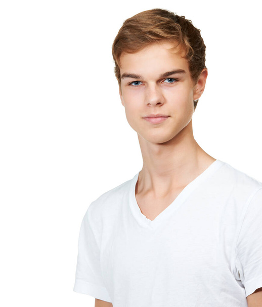 Fashion, style and portrait of man in studio with confidence, attractive and pride on white background. Youth, confident and face of isolated handsome young male person with trendy casual clothes. - Foto, Imagen
