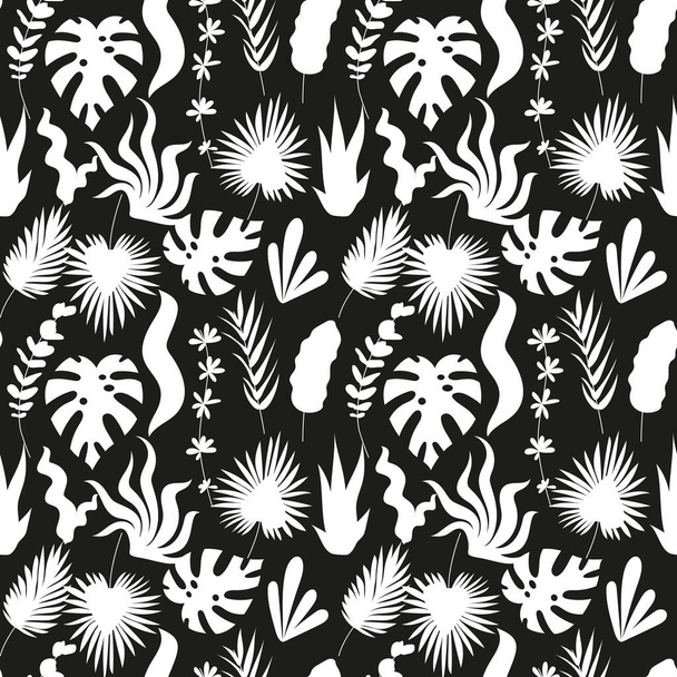 Seamless pattern with monochrome tropical palm leaves. Exotic foliage background. - Vecteur, image