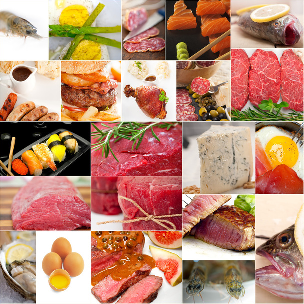 Collage über Nahrungsmittel mit hohem Proteinanteil - Foto, Bild