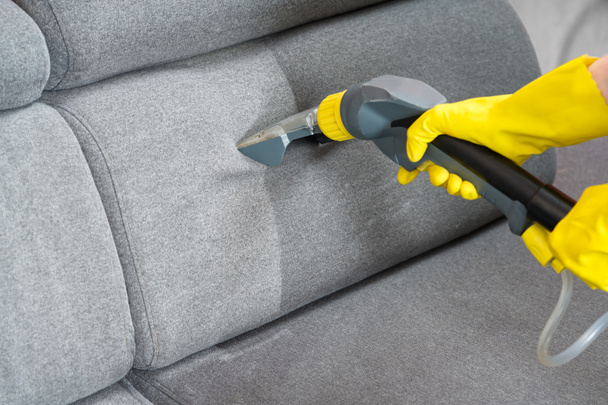 Sofa before and after wet - cleaning indoors. textile sofa vacuum cleaning. professional cleaning service concept. - Photo, Image