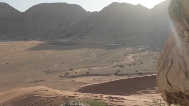 Um jovem barbudo com um cajado nas mãos com as roupas de um xamã reza sobre uma rocha entre as dunas arenosas do deserto. Movimento lento, EAU - Filmagem, Vídeo