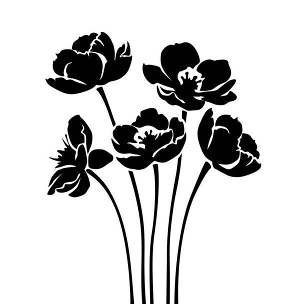 Flowers. Black silhouettes of flowers isolated on a white background. Vector illustration - Vektori, kuva
