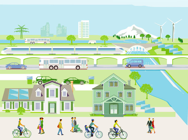 Ecological city with passenger train, illustration - Foto, imagen