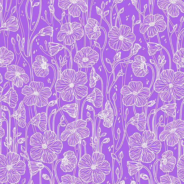 White Line Drawn Flowers on Purple Background Vector Pattern - Vecteur, image