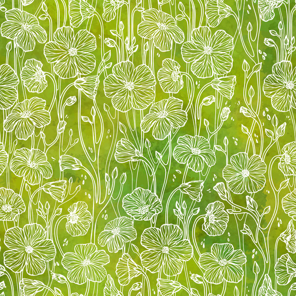 White Line Drawn Flowers on Green Watercolour Background Vector Pattern - Vecteur, image