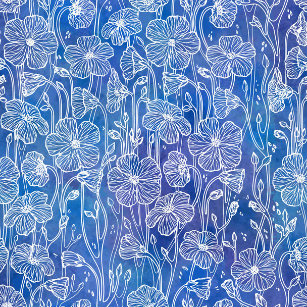 White Line Drawn Flowers on  Blue Watercolour Background Vector Pattern - Vecteur, image