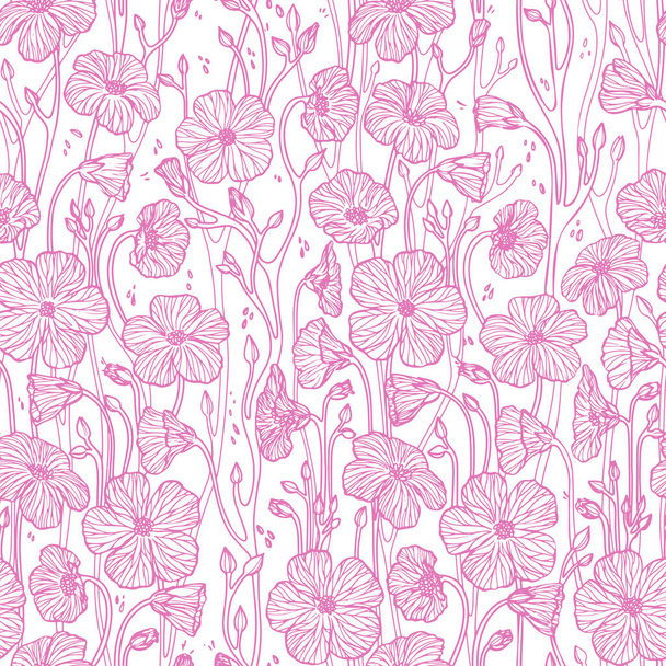Pink Line Flowers on White Background Vector Pattern - Vecteur, image