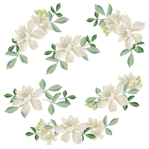 watercolor white thai flower gardenia and orange jasmine bouquet wreath frame collection - Vektori, kuva