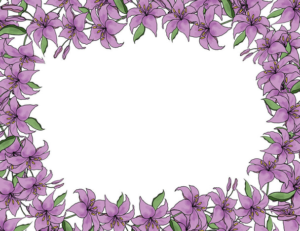 Beyaz arka plan vektörü üzerinde Lilly Çiçeği. Zarif sanat zambağı, çiçekler ve yapraklar el çizimi. Düğün için sevimli çiçek çerçevesi tasarımı, davetiye - Vektör, Görsel