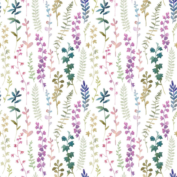 Beautiful floral seamless pattern with watercolor wild herbs and flowers. Stock illustration. - Foto, Imagen
