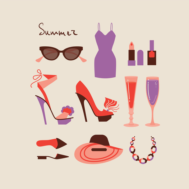 Colección de verano de ropa de mujer aislada y accesorios
 - Vector, Imagen