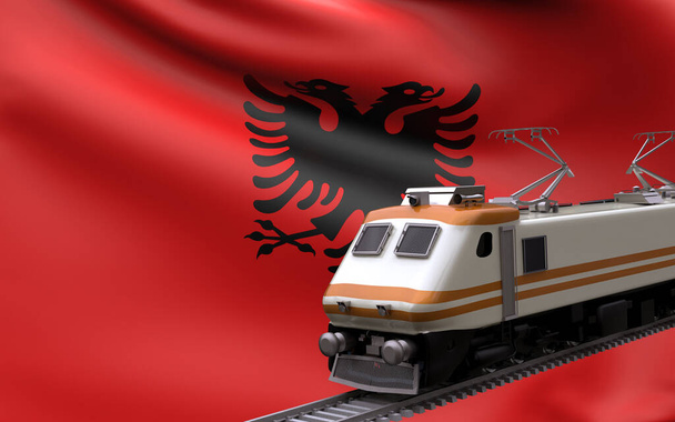 Albania country national flag with speed trains railroad locomotive tourist traveling path international journey infrastructure concept 3d rendering image - Photo, Image
