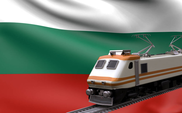 Bulgaristan ulusal bayrağı hızlı trenlerle demiryolu lokomotifi turistlerin seyahat yolu uluslararası seyahat altyapı konsepti 3D görüntü oluşturma - Fotoğraf, Görsel