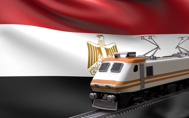 Hızlı trenli Mısır ülke bayrağı demiryolu lokomotifi turistlerin seyahat yolu uluslararası seyahat altyapı konsepti 3D görüntü oluşturma - Fotoğraf, Görsel