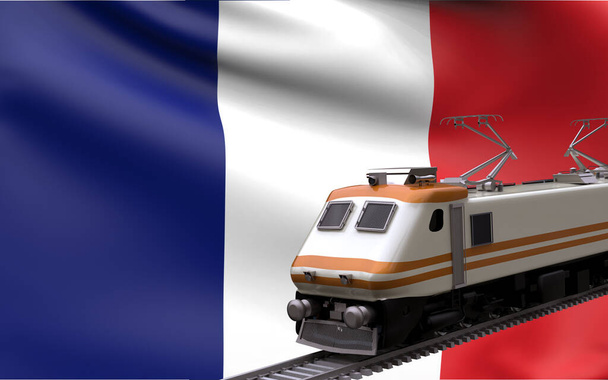 Γαλλία χώρα εθνική σημαία με τρένα ταχύτητας ατμομηχανή τουριστικό ταξίδι διαδρομή διεθνές ταξίδι υποδομή έννοια 3d απόδοση εικόνας - Φωτογραφία, εικόνα