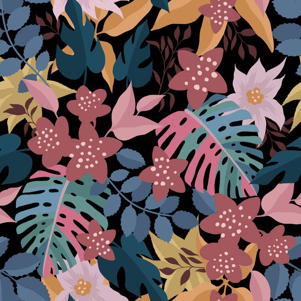 Seamless pattern with tropical flowers on black background. Vector illustration - Vecteur, image