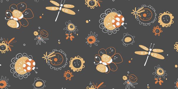 Simple Seamless Vector Pattern for Girls with Flowers, Ladybugs, Butterflies, and Dragonflies. Perfect for children's clothing, bedding or any other projects - Vecteur, image