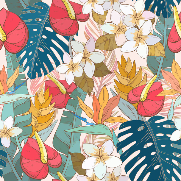 Tropical seamless pattern with exotic flowers and leaves. Vector elements - Vektör, Görsel