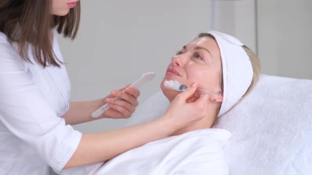 Pielęgnacja kobiecej twarzy w salonie piękności przy użyciu glinianej maski. Kosmetologia i spa. - Materiał filmowy, wideo