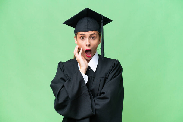 Young university graduate  caucasian woman over isolated background surprised and shocked while looking right - Photo, image