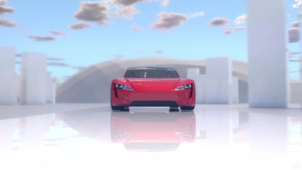 Rendering 3D di una concept car che guida in un paesaggio futuristico - Filmati, video