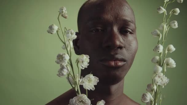 Minimalistic close-up πορτρέτο του νεαρού ενήλικου Μαύρος άνδρας που κρατάει λευκά λουλούδια και ανοίγει τα μάτια του κοιτάζοντας την κάμερα - Πλάνα, βίντεο