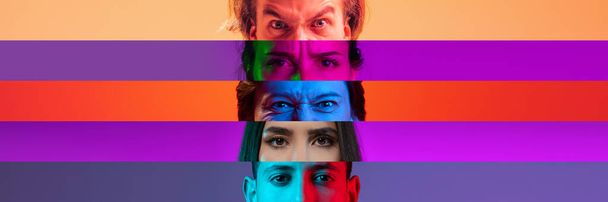 Point of view. Cropped male and female different eyes placed on colored narrow stripes, lines over colorful background. Concept of human emotions, expressions. Horizontal banner with copy space for ad - Foto, afbeelding
