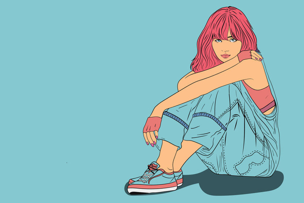 Vektor-Illustration einer jungen Dame, die bequem auf dem Boden sitzt - perfekt für Web und Print - Vektor, Bild