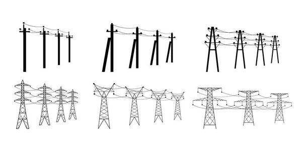 Πύργοι διανομής ενέργειας. Γραμμές ηλεκτρικού ρεύματος υψηλής τάσης, πυλώνες χρησιμότητας με ηλεκτρικό καλώδιο και πόλους καλωδίων ισχύος διανυσματική απεικόνιση σύνολο της ενέργειας διανομής της βιομηχανίας από πύργο - Διάνυσμα, εικόνα