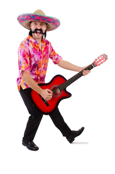 Мексиканський чоловічий гітарний гітарний гітарний стиль, ізольований на білому - Фото, зображення