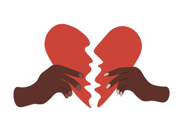  Κόκκινη ραγισμένη καρδιά στα χέρια, άντρας και γυναίκα. Αντίληψη συμφιλίωσης.Επαναφέρετε την αγάπη - Διάνυσμα, εικόνα