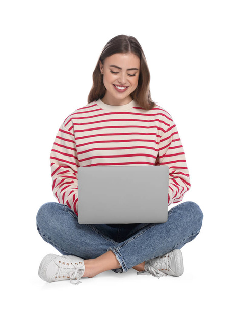 Happy woman with laptop on white background - Foto, imagen