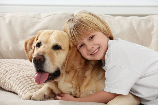 Cute little child with Golden Retriever on sofa at home. Adorable pet - Photo, Image