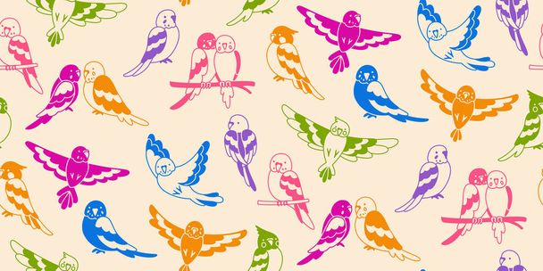 Flying Parrot patrón inconsútil colorido. Las aves tropicales exóticas repiten el fondo del ornamento. Verano brillante divertido diseño brillante loros papel pintado tela, embalaje sin fin, decoración de moda ilimitada - Vector, imagen