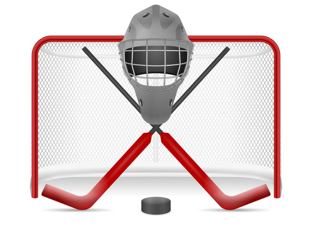 Hockey net, helmet, sticks and puck on a white background. Vector illustration. - Wektor, obraz