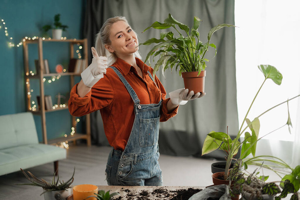 Ritratto positivo di una giovane donna con una pianta d'appartamento in mano trapiantare fiori a casa felice con il suo lavoro guardando la fotocamera sorridente mostrando gesto ok. Copia spazio - Foto, immagini