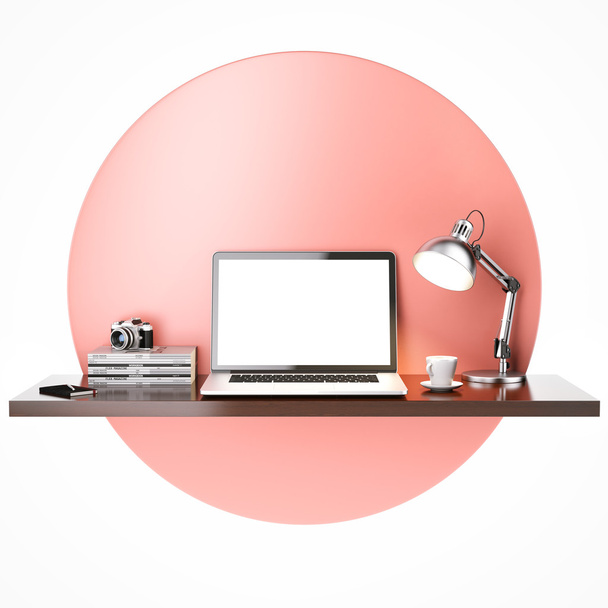 Workplace with laptop on shelf in red circle - Фото, изображение