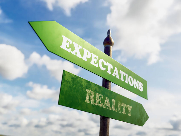3D rendering of Expectations vs Reality road signpost against the cloudy sky - Photo, Image