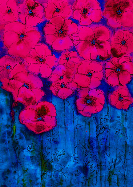 Leuchtend psychedelische rosa Mohnblumen mit blauem Hintergrund. Die Tupftechnik in Kantennähe verleiht durch die veränderte Oberflächenrauheit des Papiers einen weichen Fokuseffekt. - Foto, Bild