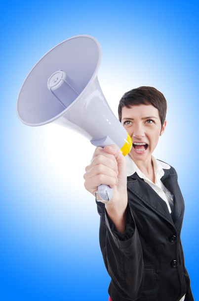 Бізнес леді кричить до гучномовця
 - Фото, зображення