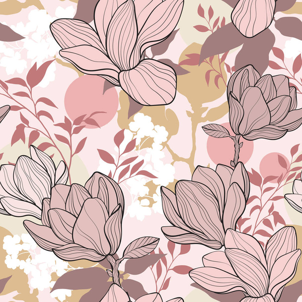 Floral seamless pattern with beautiful Magnolia flowers. Vector illustration - Vektör, Görsel