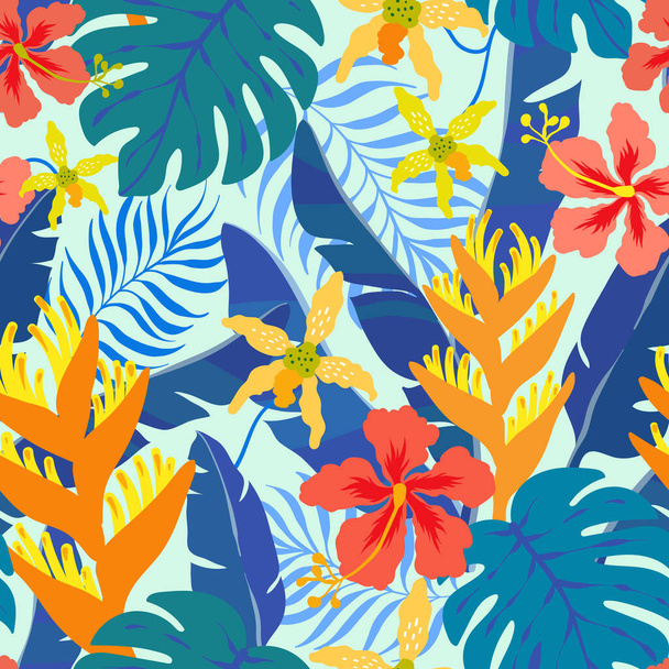Summer seamless pattern with exotic tropical plants and hibiscus flowers. Vector illustration - Vector, Imagen